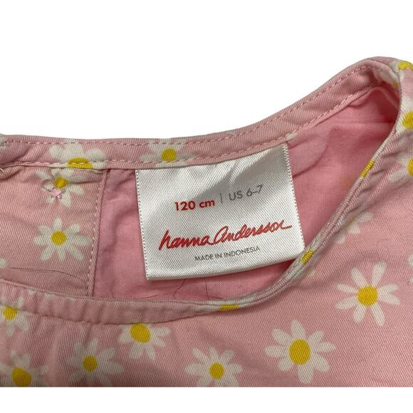 HANNA ANDERSSON Pink White Daisy Print Pocket Dress Size 120 6-7 Bell Sleeve - Picture 3 of 5